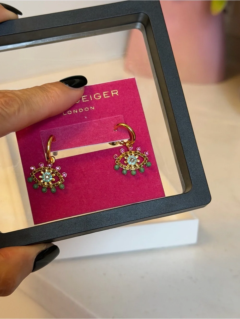 Kurt Geiger NWT evil eye 🧿 Gold-Tone Hoop Earrings with Pink and Green Charms